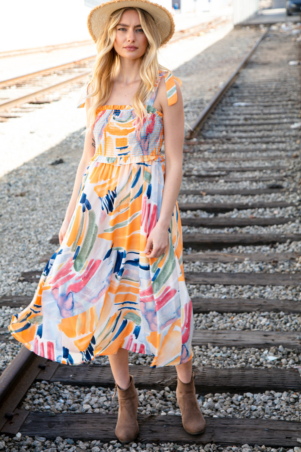 Shoulder Tie Smocked Ruffle Maxi Dress