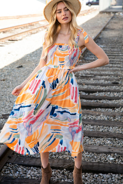 Shoulder Tie Smocked Ruffle Maxi Dress