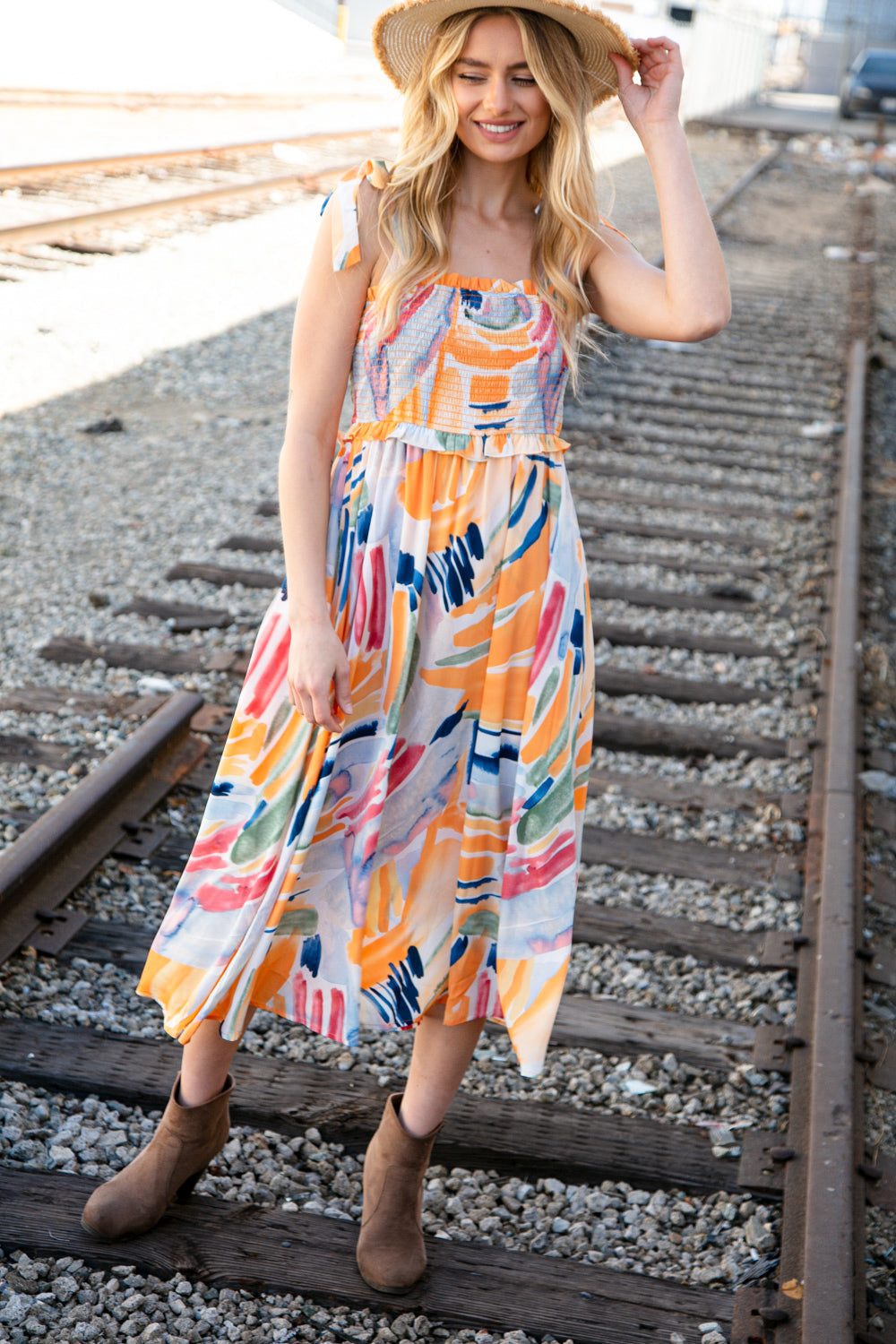 Shoulder Tie Smocked Ruffle Maxi Dress