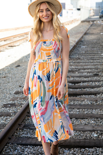 Shoulder Tie Smocked Ruffle Maxi Dress