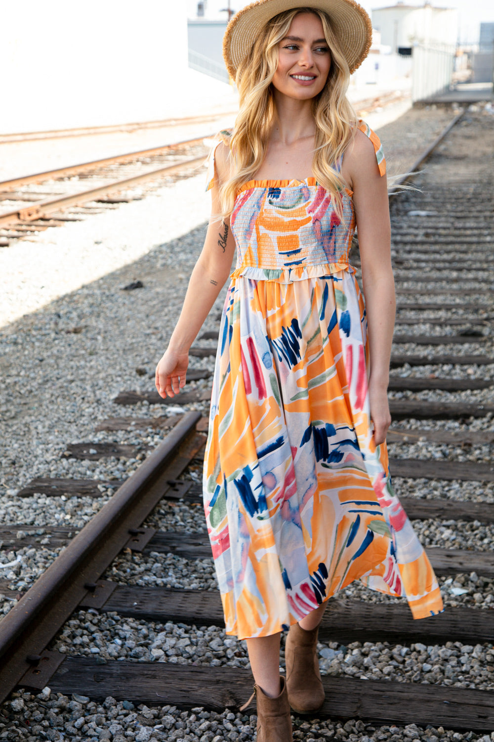 Shoulder Tie Smocked Ruffle Maxi Dress