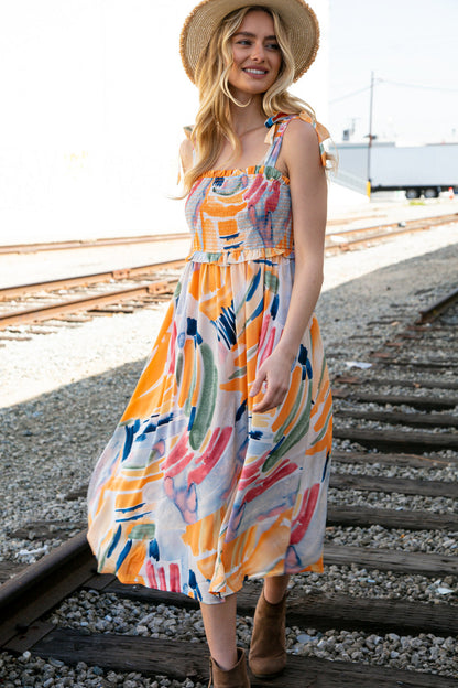 Shoulder Tie Smocked Ruffle Maxi Dress