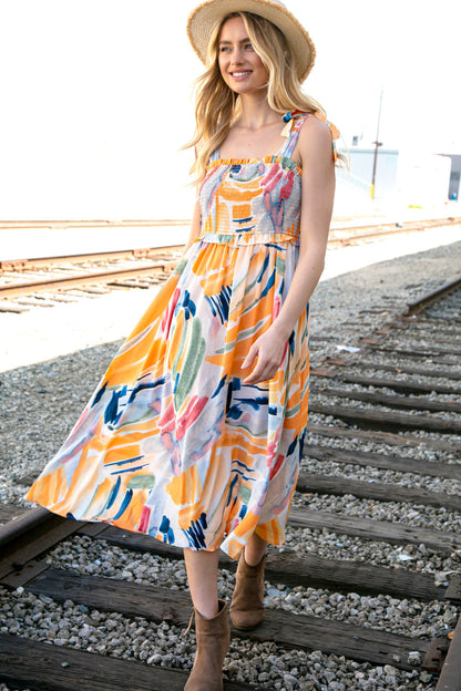 Shoulder Tie Smocked Ruffle Maxi Dress