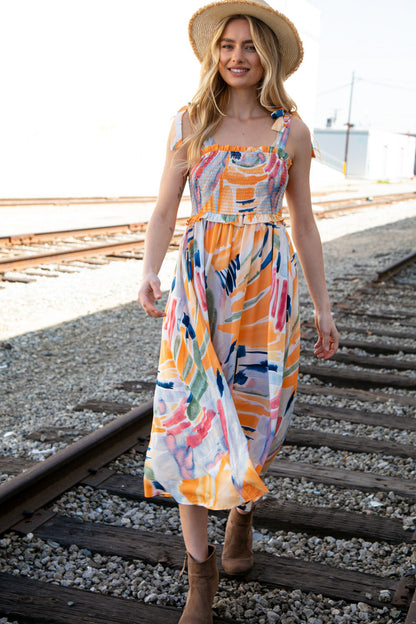 Shoulder Tie Smocked Ruffle Maxi Dress