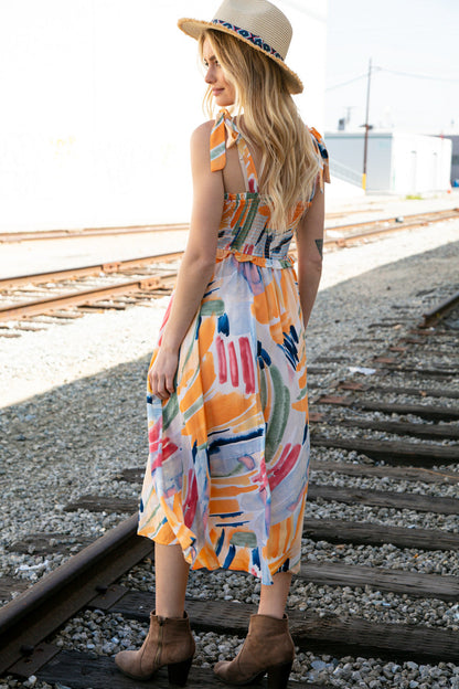 Shoulder Tie Smocked Ruffle Maxi Dress