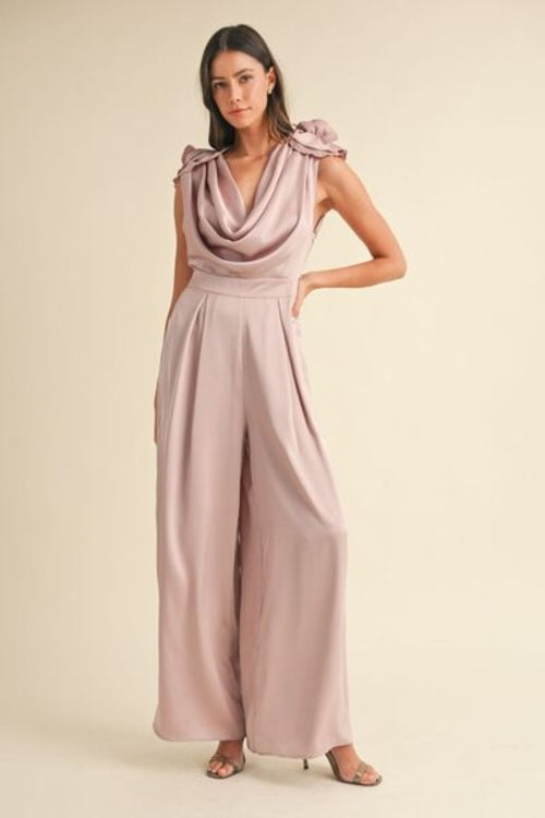 3D Floral Cowl Neck Wide Leg Jumpsuit