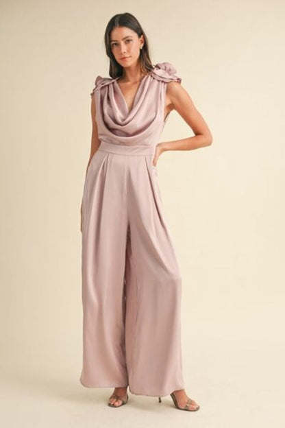 3D Floral Cowl Neck Wide Leg Jumpsuit