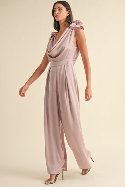 3D Floral Cowl Neck Wide Leg Jumpsuit