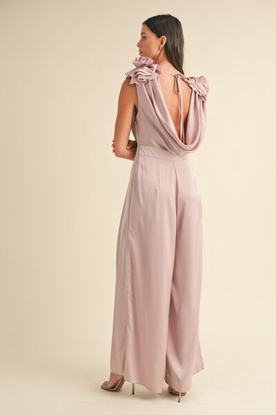 3D Floral Cowl Neck Wide Leg Jumpsuit