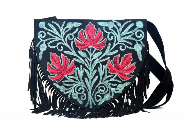 Embroidered Suede Heart Crossbody Bag