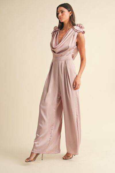 3D Floral Cowl Neck Wide Leg Jumpsuit
