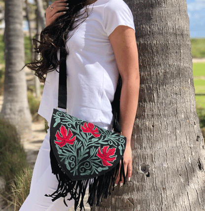 Embroidered Suede Heart Crossbody Bag